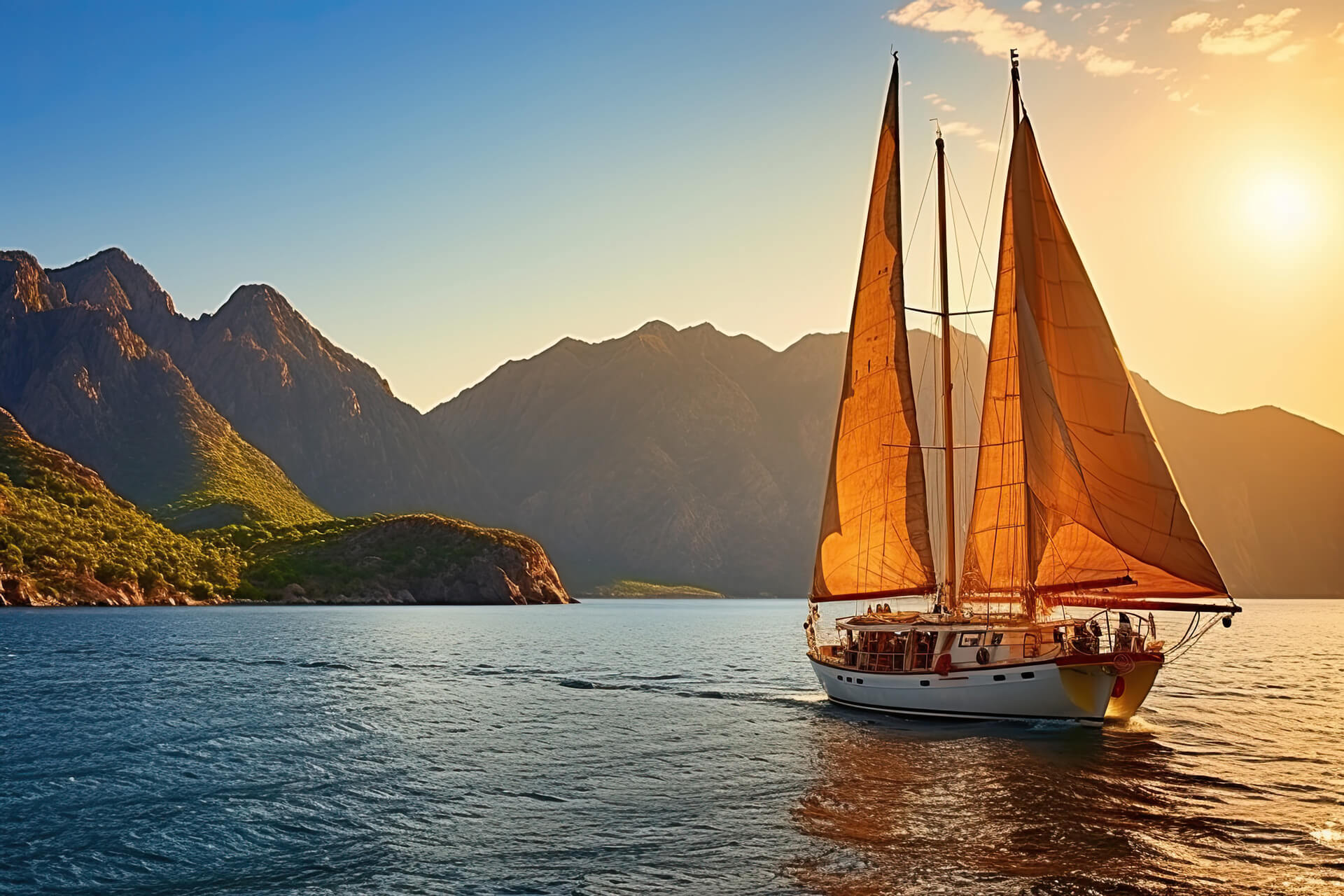 Boat sailing with a mountain background