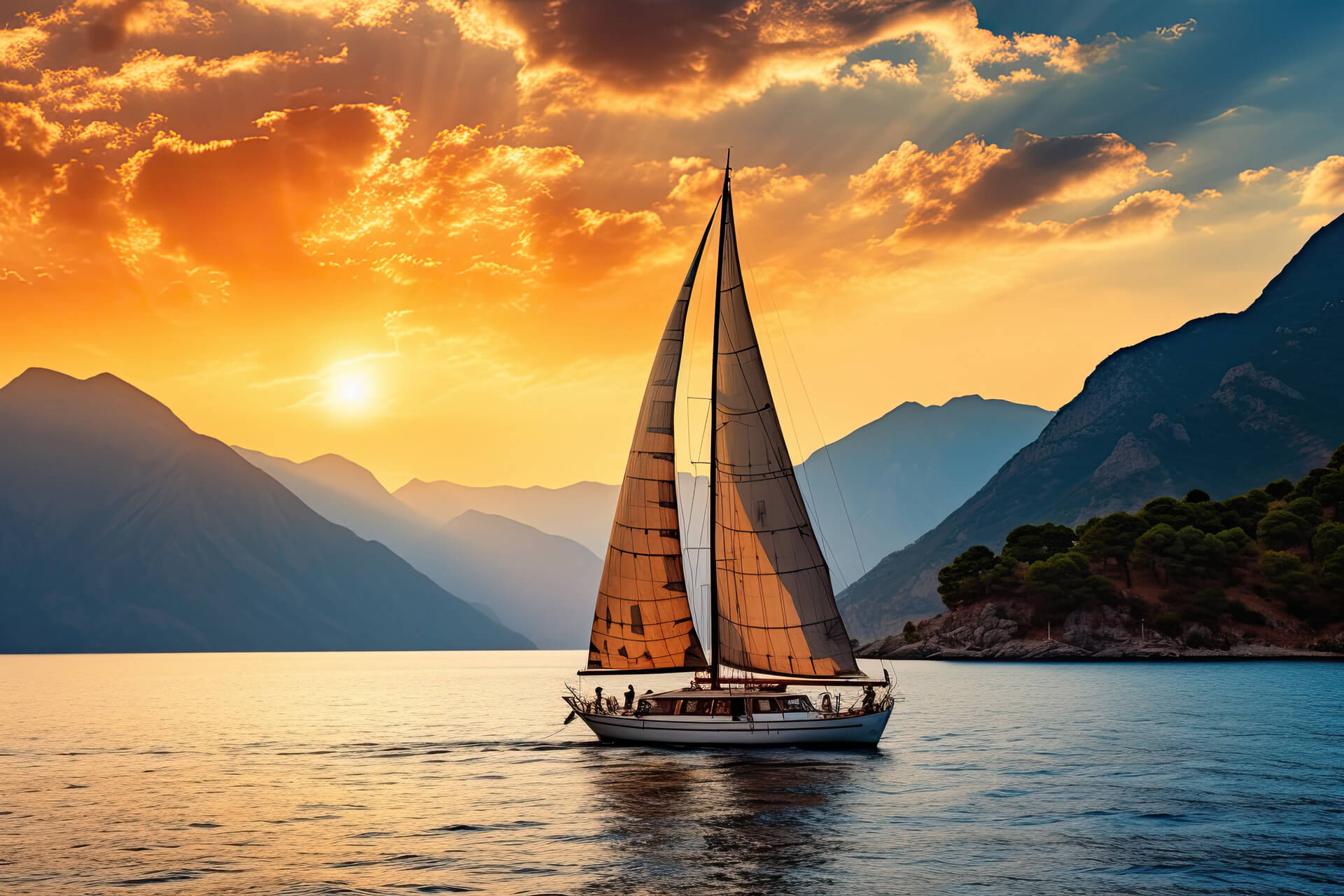 Boat sailing with a mountain background